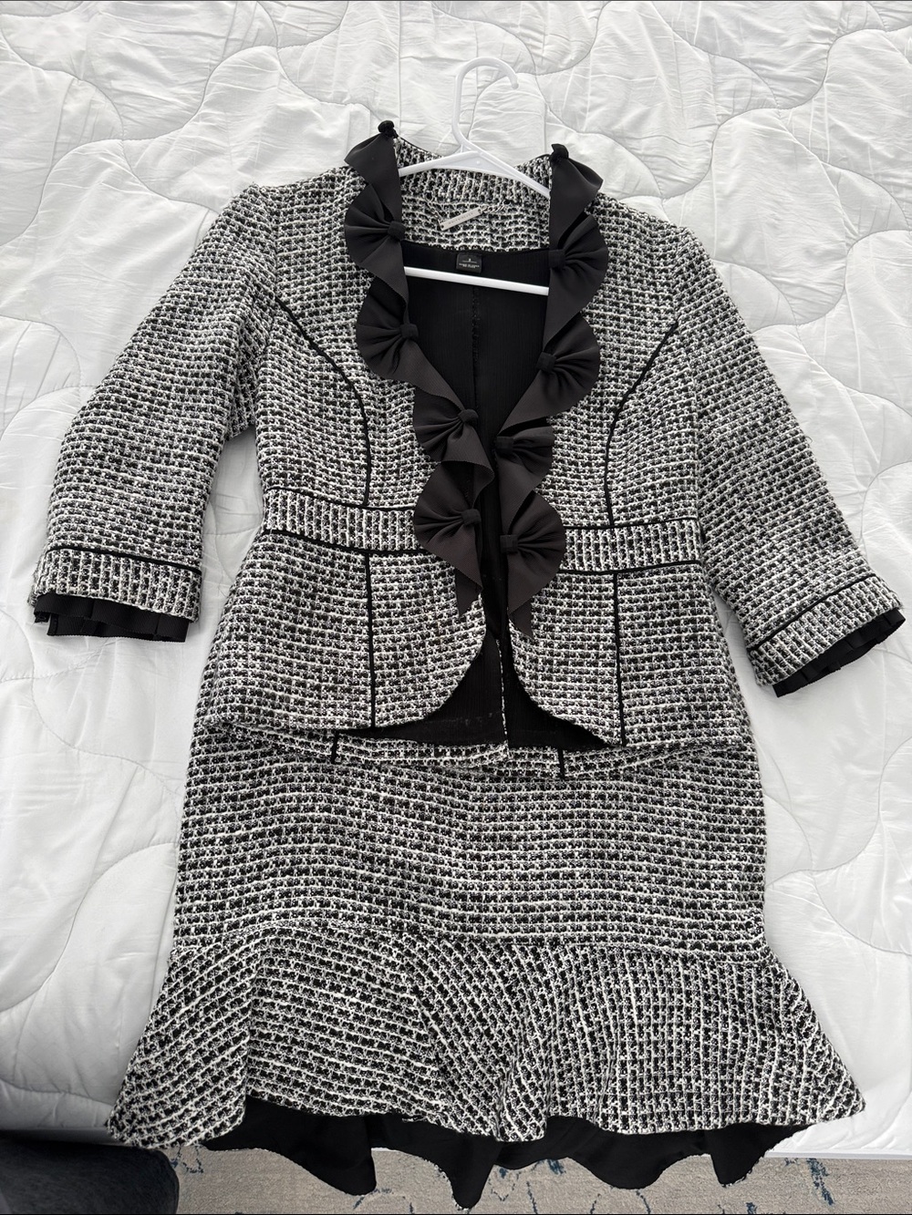 White House/Black Market Black/White Tweed Jacket and Skirt Set with Ruffle Trim